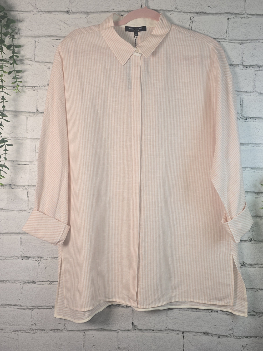 LAFAYETTE 148 NEW YORK ROSE QUARTZ STRIPED 100% LINEN BUTTON DOWN BLOUSE NWT LG